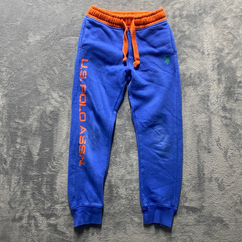US Polo Assn Jogger Sweatpants Kids Boys Size S 6-7 Blue Orange Fleece Lined